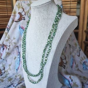 Clear Faceted GLASS Kelly Green Seed Beads Opera Length Long Vintage Necklace